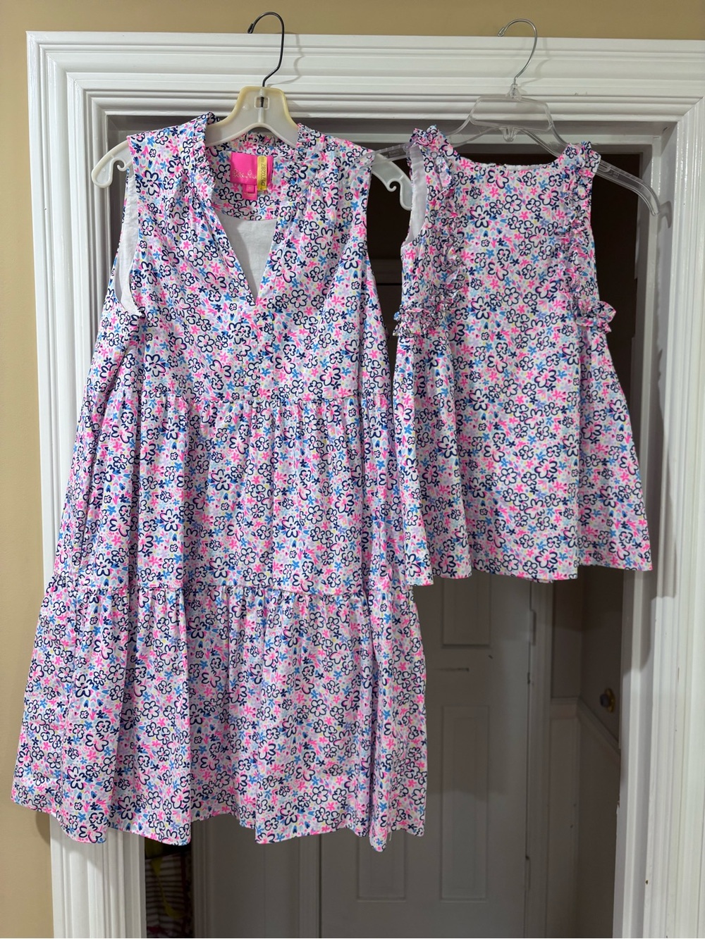 Lilly Pulitzer Matching Mother + Daughter Floral Dress Set Pink and Blue
